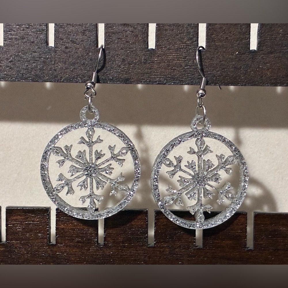 Silver Sparkle Acrylic Snowflake Earrings